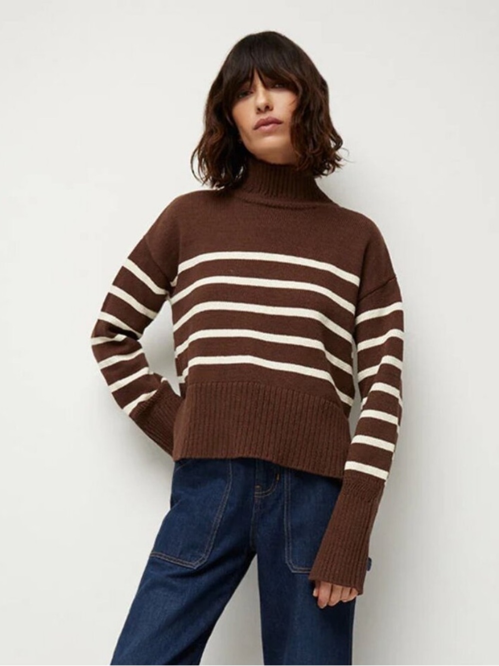 Veronica Beard Lancetti Striped Cotton Turtleneck Sweater Brown Size Small